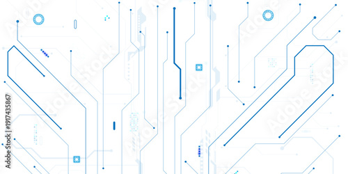 Vector white abstract ON power button in the centre of futuristic circuit board with light glowing wires on technology background.