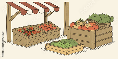 A bustling farmer's market with fresh produce and eager shoppers