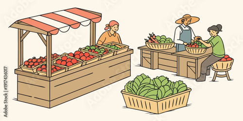 A vibrant and bustling farmer's market with fresh produce and friendly vendors