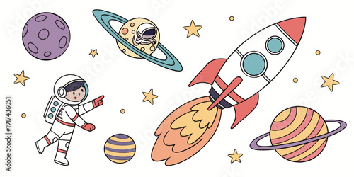 A vibrant and playful space-themed illustration featuring rockets, planets, and astronauts