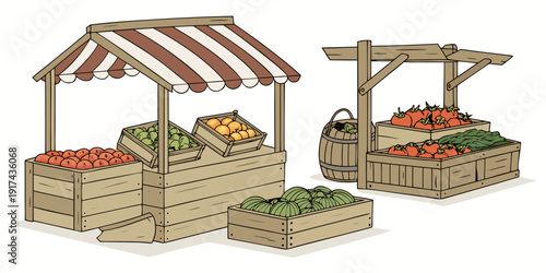 A picturesque scene of two wooden market stalls with striped awnings.