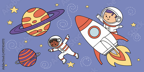 A vibrant illustration of astronauts exploring space with planets and rockets
