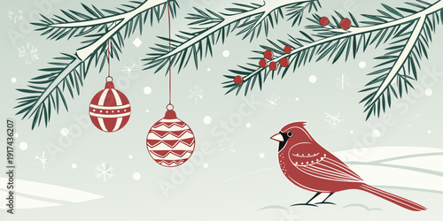 A vibrant red cardinal perched on a branch adorned with green leaves and festive red ornaments