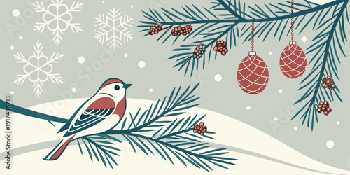 Colorful winter scene with birds and festive decorations on a snowy tree branch