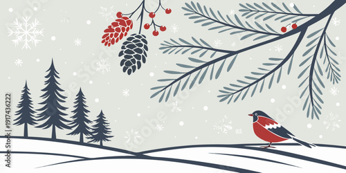 A serene winter scene with birds perched on a snow-covered tree branch.