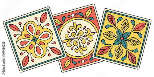 A vibrant display of three playing cards featuring intricate designs and patterns
