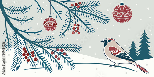 A serene winter scene with a skier and a snowy forest landscape