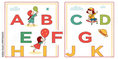 Colorful alphabet poster with fruits and children for educational purposes
