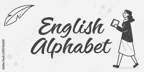 A person holding a book with the words english alphabet written next to them