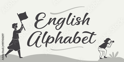 A child holding a book with the words english alphabet and a sheep in the background