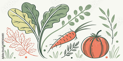 A vibrant illustration of various vegetables and plants in a whimsical style