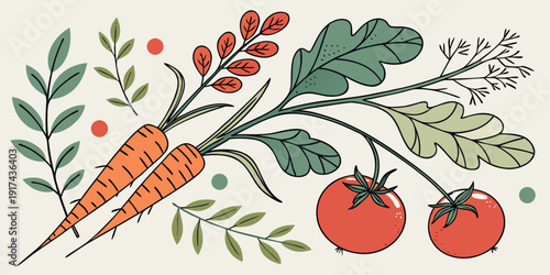 A vibrant illustration of fresh vegetables and fruits with a wreath of greens