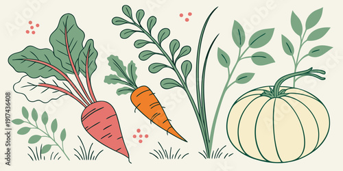 A vibrant illustration of various vegetables and fruits in a garden setting.