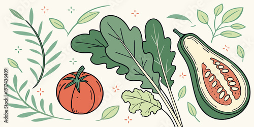 A vibrant illustration of fresh vegetables and herbs on a white background.