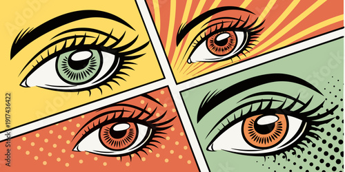 Close-up of a person's eyes with colorful background and reflections.