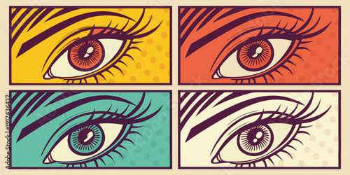 A vibrant illustration of six eyes in various colors and expressions