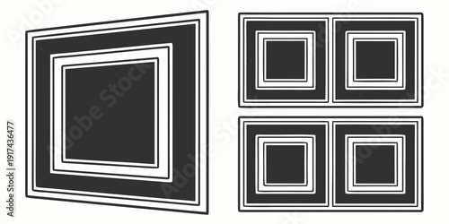 Minimalist black and white geometric art featuring nested squares and framed sections
