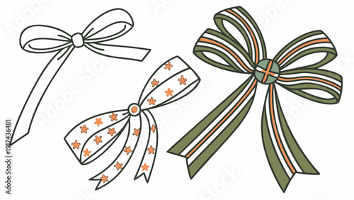 A variety of decorative ribbons with intricate patterns and bows