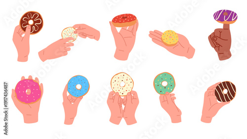 vector set featuring hands holding various colorful donuts with different icing and sprinkles. Perfect for bakery branding, café menus, dessert promotions, packaging, social media content, and poster