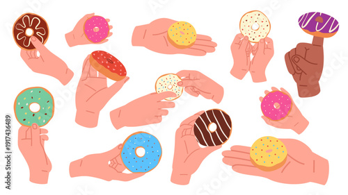 vector set featuring hands holding various colorful donuts with different icing and sprinkles. Perfect for bakery branding, café menus, dessert promotions, packaging, social media content, and poster