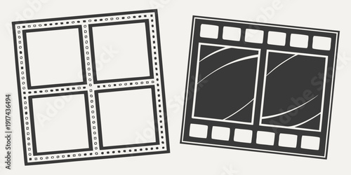 Two black and white drawings of a square and a film strip