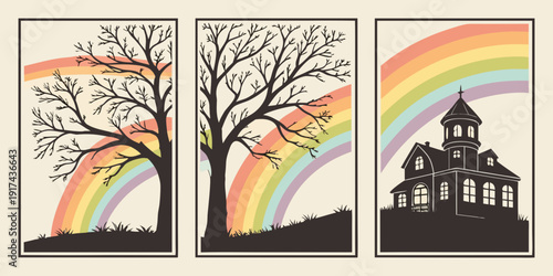 A serene landscape with a tree, a rainbow, and a castle under a clear sky.