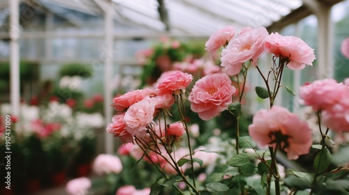 Beautiful Pink Roses in a Greenhouse Setting, Colorful Floral Display, Lush Botanical Environment