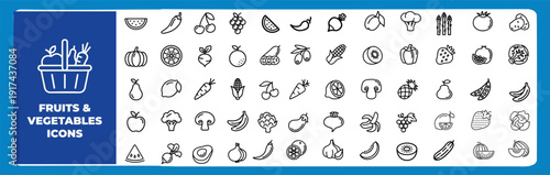 Fruits Vegetables Nutrition Line Icons Vector Set – Apple Banana Carrot Tomato Lemon Broccoli Pepper Grocery Market Fresh Outline Icon Pack UI Web App