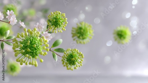 Delicate Green Floral Elements with Soft Blossoms and Bokeh Background in Nature Inspired Setting
