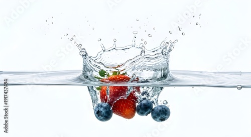 Fresh strawberries and blueberries splashing into clear water with bubbles and crown splash