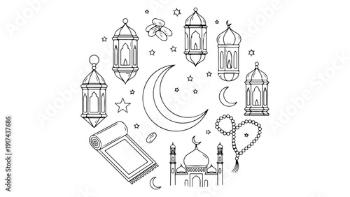 A detailed line art illustration of Islamic and Ramadan symbols arranged in a circle, including lanterns, crescent moons, stars, dates, prayer mat, mosque, and prayer beads.