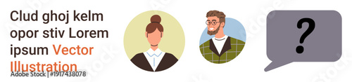 Communication, teamwork, problem-solving, decision-making, education, dialogue. Circular portraits of a man and woman next to a speech bubble with question mark. Communication and teamwork concept