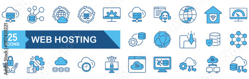 Web hosting icon set Blue Monochrome Flat Design concept for server, domain, firewall, cyberspace, database, hosting, collection, backup