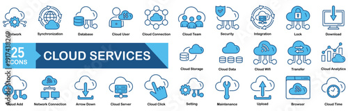 Cloud services icon set Blue Monochrome Flat Design concept for storage, hosting, sync, data transfer, network, online, digital, application, collection, protection, website