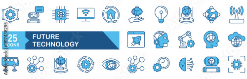 Future technology icon set Blue Monochrome Flat Design concept for future, technology, robot, artificial intelligence, innovation, robotic, android