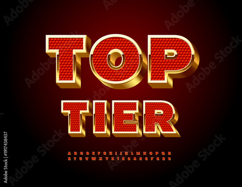 Vector Premium icon Top Tier. Elite Red and Golden 3D Font. Quality Exclusive Alphabet Letters and Numbers set.