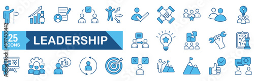 Leadership icon set Blue Monochrome Flat Design concept for guidance, coaching, influence, charisma, challenge, lead, collaboration, goal