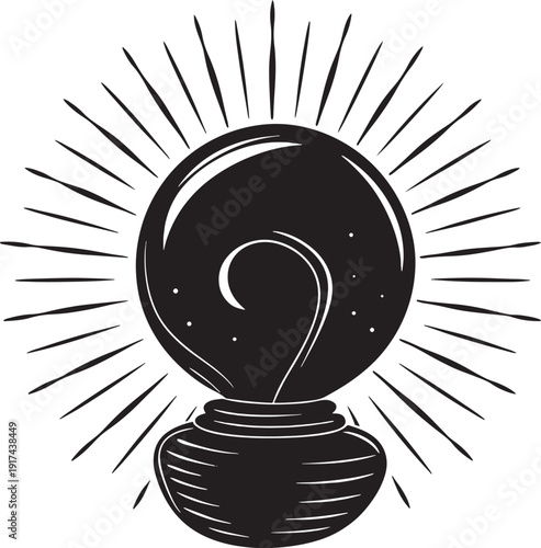 Black and white illustration of a glowing light bulb with radiating lines idea innovation