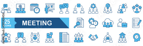 Meeting icon set Blue Monochrome Flat Design concept for seminar, presentation, conference, business, interview, assembly, discussion, agreements