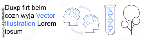 Neuroscience, genetic research, mental health, cognitive processes, DNA studies, scientific analysis. Brain diagram with DNA helix in a test tube. Neuroscience and genetic research