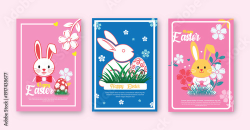 Easter Sunday Celebration Background with Pastel Eggs, Spring Flowers and Bunny