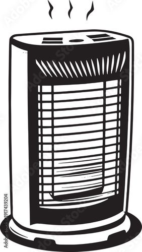 Black and white illustration of a portable electric heater emitting steam portable heater heating
