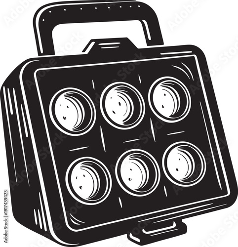 Black and white illustration of a portable stage lighting fixture with six circular lights lighting equipment