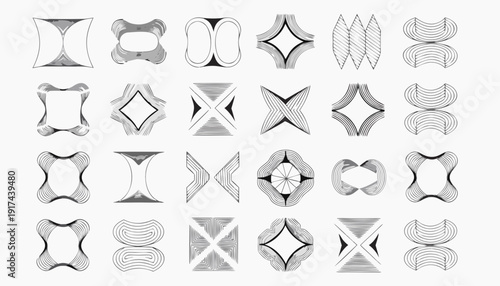 A captivating collection of abstract geometric shapes and futuristic forms, rendered in monochrome with intricate details, illustrating modern design and architectural concepts