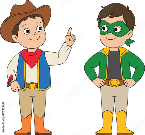 Happy cartoon boys in cowboy and superhero costumes vector illustration, cute children playing for party design
