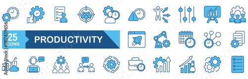 Productivity icon set Blue Monochrome Flat Design concept for efficiency, multitask, sharpened, workflow, task, growth, automation, routine