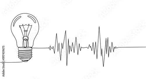 A single continuous line forms a lightbulb before unraveling into a jagged frequency wave, artistically representing the seamless flow from a sparked thought to a dynamic pulse of energy