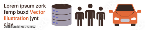 Data management, teamwork, transportation services, technology, collaboration, car sharing. Icons of database, three people and a car. Data management and teamwork concept
