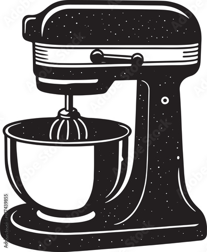 Black and white illustration of a stand mixer with a whisk attachment and bowl kitchen appliance baking
