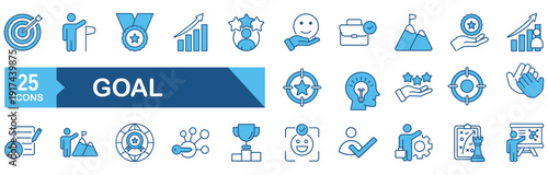 Goal icon set Blue Monochrome Flat Design concept for success, achievement, mission, medal, reward, aim, target, celebration, trophy